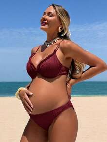 SHEIN 26SS Summer Beach Vacation Yellow Ruffle Textured Fabric Maternity Swimsuit Set - Burgundy - View 3