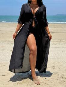 Swim Lushoire Plus Size 2026 Spring/Summer New Long Sexy Boho Casual Beach Front Tie Kimono Cover Up - Black - View 3