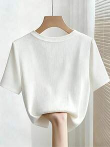 Franclia Ribbed Pearl Embellished Loose High Elasticity T-Shirt - White - View 2