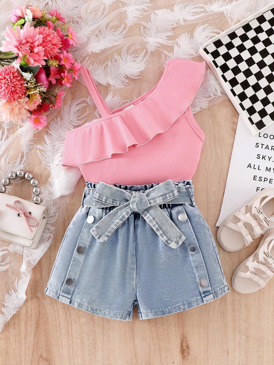 SHEIN Elladie kids 两件套女童活泼可爱不对称上衣+牛仔短裤休闲童装 - 粉色 - 查看 1