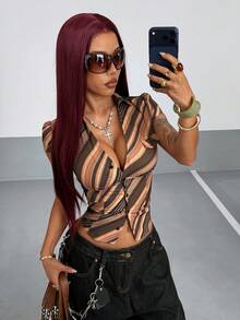 StreetHx 女款街頭風條紋荷葉袖修身襯衫 - 彩色 - 查看 6