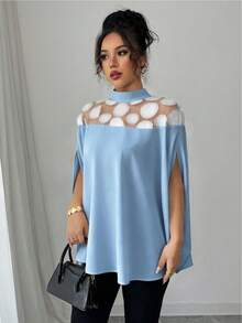 Elenzga Blusa de mujer de moda casual con patrón 3D, parche de malla, manga dividida y cuello alto, adecuada para primavera, verano y otoño - Celeste - Ver 4