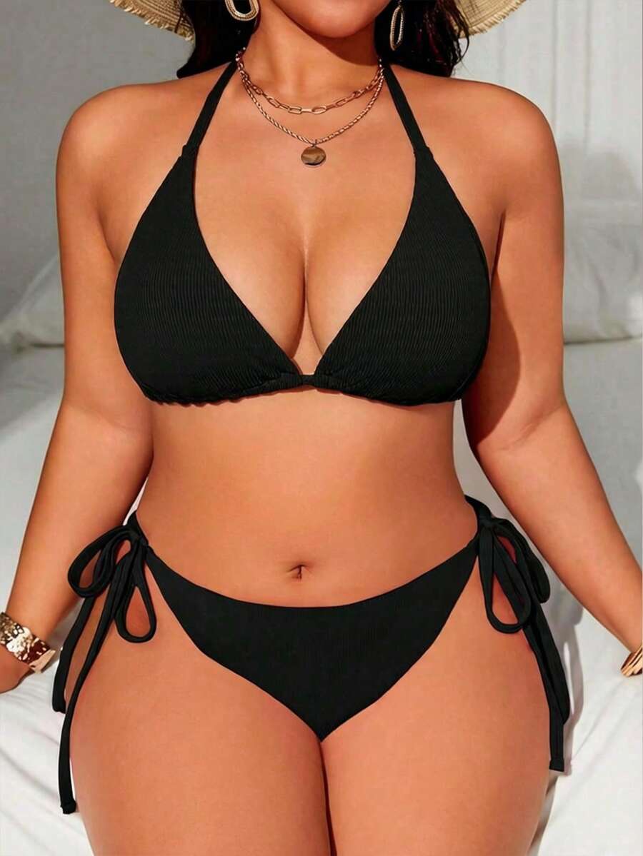 Swim Lushoire Plus Size Women's Solid Color Halter Tie Sexy Bikini Set For Beach Summer Beach - Navy Blue - View 1