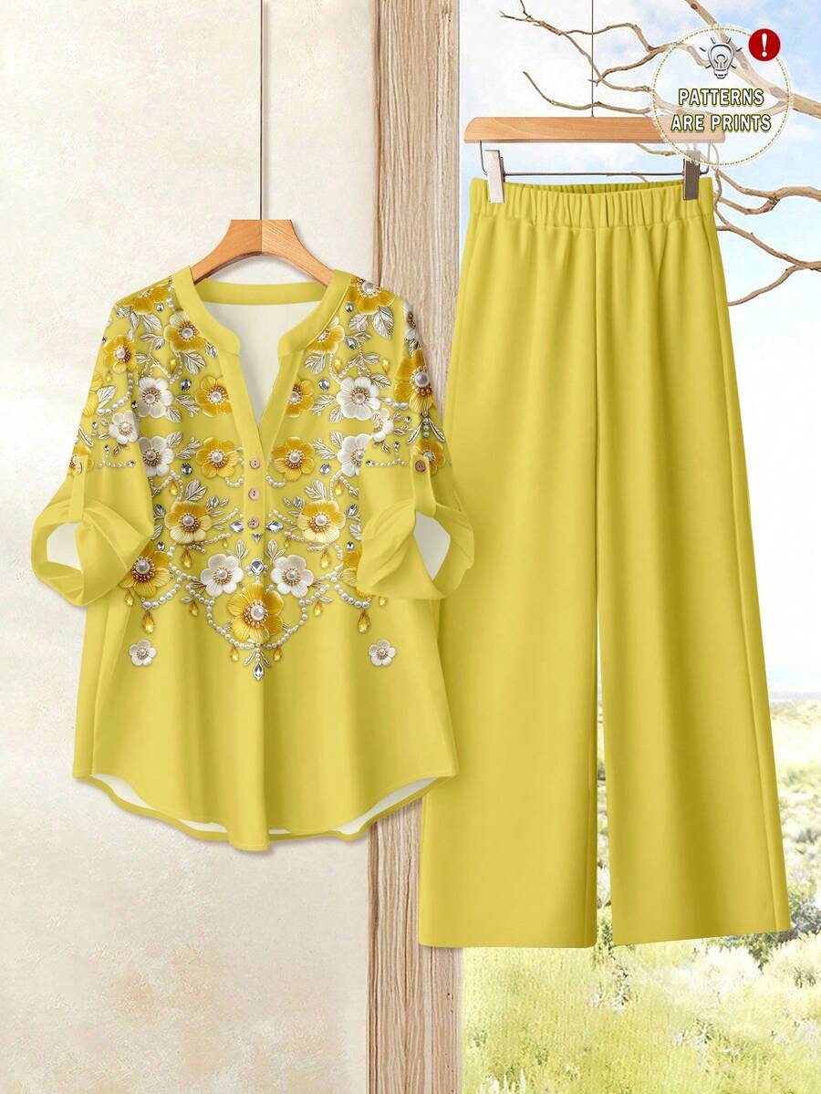Rusticease Casual Minimalist Style Faux Pearl Floral Embroidered Woven Shirt And Loose Pants 2-Piece Set For Women, Versatile For Spring/Summer - Khaki - View 1