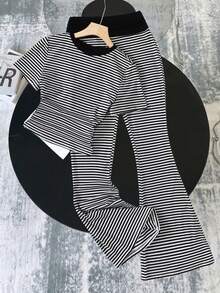 SHEIN Teen Girls' Spring/Summer New Light Gray Ruched Design Short Sleeve Crew Neck T-Shirt + Waist Ruched Flare Long Pants 2-Piece Set, Suitable For Daily Outings, School Wear, Basic Long Pants Set - Grey - View 6