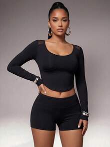 Radiana Mesh Patchwork Black Workout Women Tops T-Shirt  Solid Color Simple Long-Sleeve Casual Sports T-Shirt Slim Fit Basic Long-Sleeve T-Shirt, Suitable For Fitness, Yoga, Casual, Daily Wear, Tennis, Outdoor Activities, Running, And Vacations, Holiday, Suitable For All Seasons, Spring Summer Fall Winter - Black - View 6