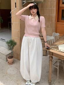 Dazy Plus 對比色拼接 Polo 領學院風修身粉紅色短袖大尺碼女款春夏秋針織上衣 - 粉色 - 查看 6
