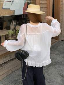 DAZY 女款純色寬鬆抓皺荷葉邊長袖休閒度假夏季襯衫，適合校園穿搭 - 白色 - 查看 2