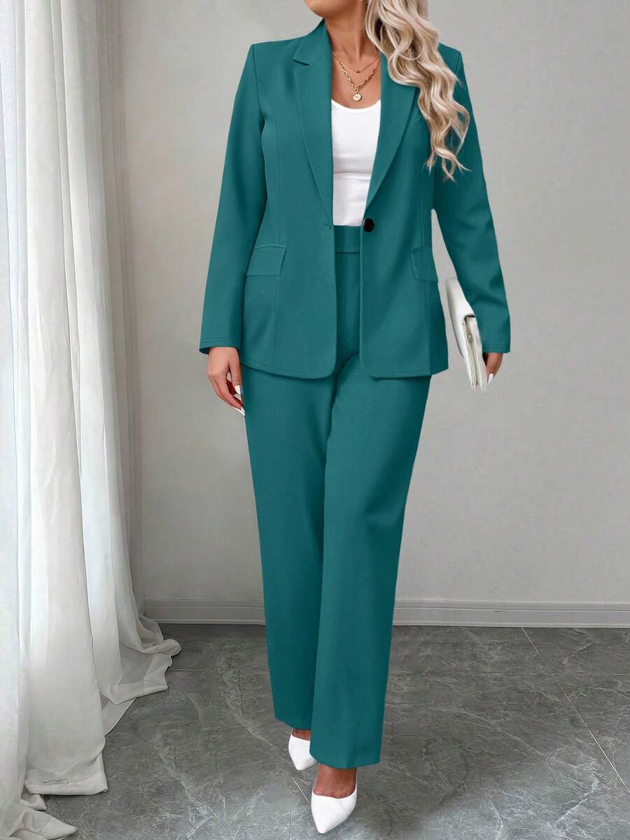 SHEIN Clasi 大码纯色单排扣休闲长袖西装外套 - 綠色 - 查看 1