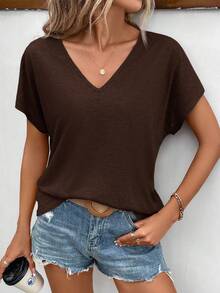 SHEIN Frenchy Áo thun tối màu phong cách tối giản thường ngày, 95% phù hợp cho mùa hè - màu nâu - Xem 7