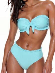 Swim Mod Women's Summer Beach Solid Color Ruffle Trim Bandeau Bikini Set With Front Knot, Two Pieces Swimwear Black Bathing Suits - Mint Green - View 6