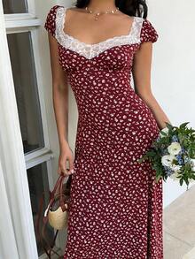 Unity Vestido midi con corte evasé y cuello con corazón, mangas abullonadas, cintura fruncida y combinación de lunares en blanco y negro con detalles de encaje, sencillo pero elegante, para - Burdeos - Ver 10