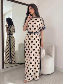 Yasveil Women's Spring/Summer Woven Digital Placement Print Burnout Polka Dot Long Sleeve Ruched One-Piece Elegant Casual Dress - Multicolor - View 4