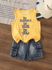 SHEIN 2pcs/Set Toddler Boys' Sleeveless Top & Denim Shorts Set, Street Casual Retro Style Summer Outfit - Yellow - View 6