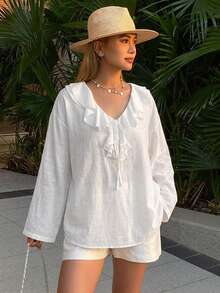 DAZY Solid Color Loose Long Sleeve Round Neck Women's Blouse Vacation White Autumn Elegant - White - View 5