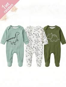 [1 Set Randomly Sent]Newborn Baby Home Jumpsuit, Soft Cute Dinosaur Cartoon Print, Spring/Autumn Long Sleeve Footed Dinosaur Combination Pattern Soft Pajamas, Snap Button Design, Skin-Friendly Soft, Home Leisure, Daily Outings And Play - Multicolor - View 3