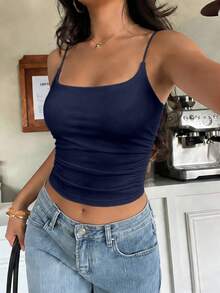 FavEase Casual Versatile Ruched Bust White Camisole Tank Top For Women - Navy Blue - View 5