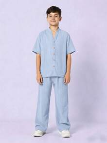 SHEIN Bộ 2 áo dệt kim cổ polo tay ngắn in họa tiết tương phản dáng rộng cho nam thiếu niên, phong cách thường ngày - Màu xanh nhạt - Xem 7