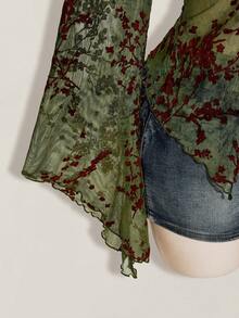 SHEIN ICON Women's Plus Size Retro Sexy Millennial Style Y2K New Chinese Style Green Mesh Floral Flocked Flared Sleeve Lace Patchwork Front Bow Tie Top Boho - Green - View 7