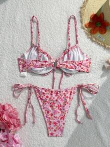 Swim Mod Conjunto de bikini para mujer de primavera/verano para vacaciones con estampado floral pequeño, soporte de pecho, pantalones con cordón lateral y cordón ajustable - Multicolor - Ver 2