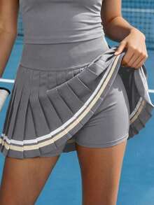 CourtClass 女士时尚条纹撞色百搭网球褶迷你裙 - 灰色 - 查看 3