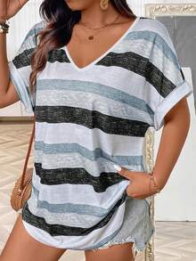 Plus Size V-Neck Short Sleeve Printed Casual Women's T-Shirt Graphic Tees Women Tops - Multicolor - View 6