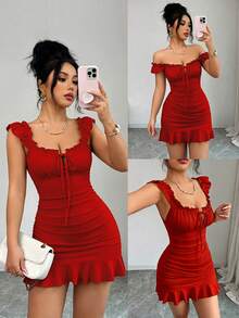 Vestido de verano elegante vintage de unicolor con volantes y lazo delantero - Negro 2 - Ver 10