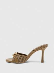CUCCOO CHICEST Women Shoes Khaki D-Print Pattern Gold Buckle Classic Fashion Mules Round Toe High Heel Sandals - Khaki D printing - View 4