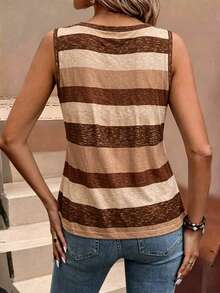 EMERY ROSE Holiday Casual Color Block Striped Tank Top Graphic Tees Women Tops - Brown - View 2