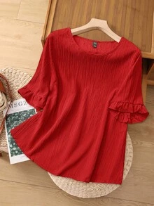 Rusticease Plus Size Shirt Khaki Leaf Hem Short Sleeves Simple Fashion Casual Everyday Vacation Outfits Woman Spring Summer,Western Wear Women,Spring/Summer - Red - View 3