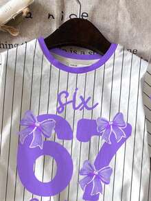 Set de 2 piese pentru fete preadolescente, casual, minimalist, cu personalitate cool, numeric 67 și grafică cu fundă, roz, cu dungi, stil atletic și chic, ton de albastru, tricou și pantaloni scurți cu mânecă scurtă, potrivit pentru vară - Multicolor - Vizualizare 4
