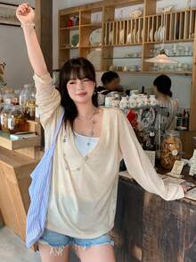 Dazy Plus 深V領寬鬆短袖罩衫風夏季T恤 - 杏色 - 查看 7