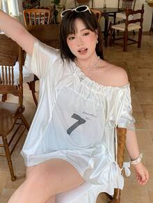 Dazy Plus Plus Size Mesh Patchwork Satin Open Shoulder Loose Casual Printed Graphic College Style Short Sleeve T-Shirt For Girls Spring Summer - White - View 4