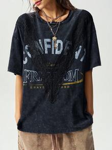 Bohemela Casual Graphic Grunge Solid Color Knit Round Neck Short Sleeve Loose Washed Women's T-Shirt Music Grey Summer - Black - View 5