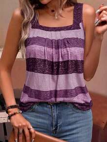 EMERY ROSE Holiday Casual Color Block Striped Tank Top Graphic Tees Women Tops - Purple - View 6