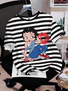 Betty Boop x SHEIN Camiseta Feminina com Estampa de Desenho Animado e Listras - Branco - Visão 3