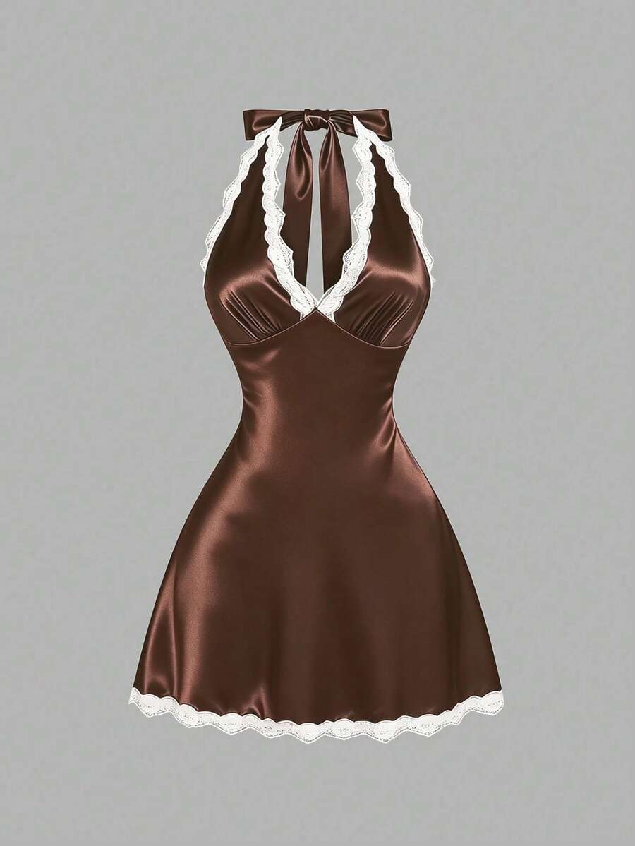 Sweetra Hot Girl Style Sexy Deep V-Neck Lace Satin Halter Neck Dress, Backless A-Line Versatile Slimming Short Dress For Travel And Vacation Concert Brown - Brown - View 1