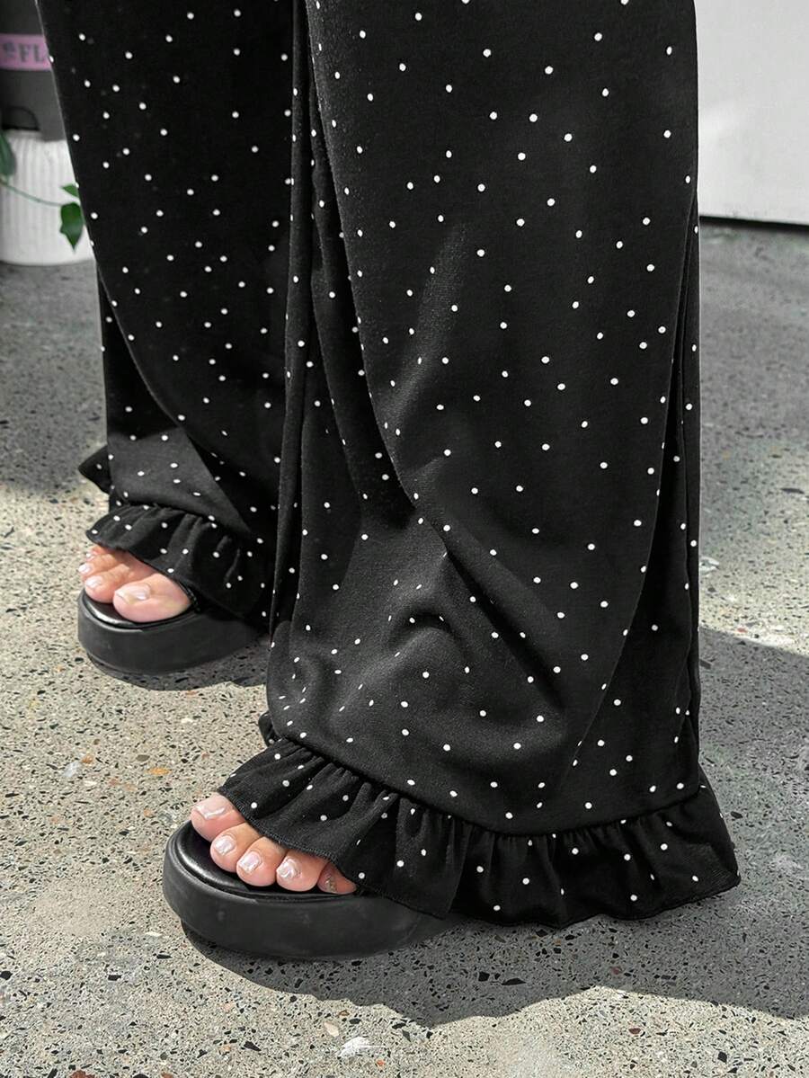 GalTyme Plus Size Polka Dot Print Ruffle Hem Pants Formal Vacation Black And White Autumn Casual - Black and White - View 1