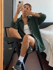 Loose-Fitting Long-Sleeved Shirt With Pockets And Buttons, Women's Multi-Season Casual Blouse For Spring And Autumn, Suitable For Business And Professional Workwear. - Dark Green - View 11