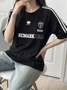 DAZY Round Neck Striped Side Slit T-Shirt Oversized T-Shirt,Graphic Tees School Cute Tops - Black - View 9