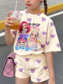 白色卡通動漫女孩圖案，少女休閒極簡寬鬆短袖T恤與短褲套裝，2件組，適合夏季，甜美女孩風 - 彩色 - 查看 4
