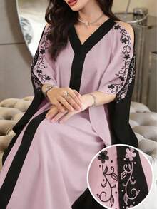 Yasmyna 女款花卉印花露肩寬鬆優雅端莊休閒阿拉伯風連身裙 洗禮賓客正式黑色冬季款 - 粉色 - 查看 1