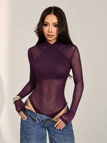SHEIN PETITE 女款性感純色網紗包身連身衣，透視長袖上衣，長袖網紗上衣，黑色透視上衣，黑色網紗上衣，秋季，黑色連身衣 - 紫色 - 查看 7