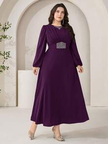 Veilorie Plus Size Elegant Party Rhinestone Decorated Dress Fall - Purple - View 5