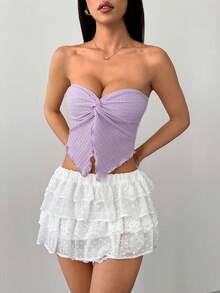SHEIN PETITE 女款鵝黃色針織紋理抹胸上衣，前中打結開衩波浪邊修身款，適合下午茶、街頭、度假、秋冬穿著，可內搭或外穿，派對適用，適合嬌小女性 - 淡紫色 - 查看 7