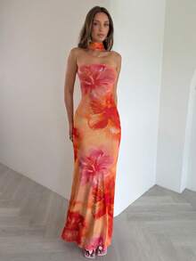 Opulessa Knitted Mesh Print Bandeau Slim Fit Dress For Women - Burnt Orange - View 3