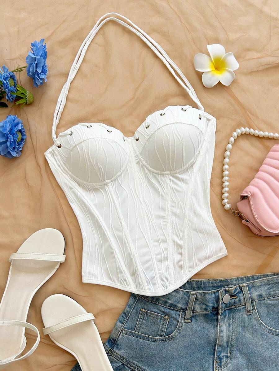 Soleia Top de tirantes finos tipo camisola para mujer de verano, color liso, con textura y plisado de espina de pescado - Blanco - Ver 1