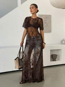 Lavishia Fashion Sexy Sheer Lace Dress - Brown - View 3