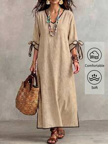 Breezaya Summer Casual Vacation Loose Fit Colorblock Trim V-Neck Women's Dress - Khaki - View 3