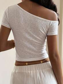 DAZY Solid Asymmetrical Neck Crop Tee,Back To School Clothes Preppy Tops - White - View 15